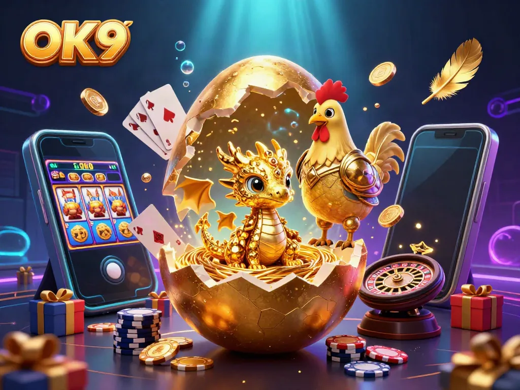 OK9 offers a stunning casino illustration featuring a golden baby dragon among poker chips and dynamic slot game elements.