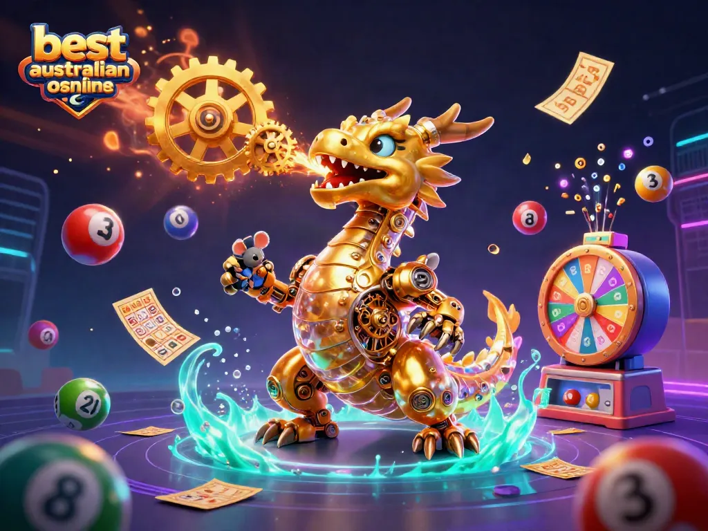 The scene showcases the best Australian online casinos with a golden dragon and lottery elements for immersive gaming.