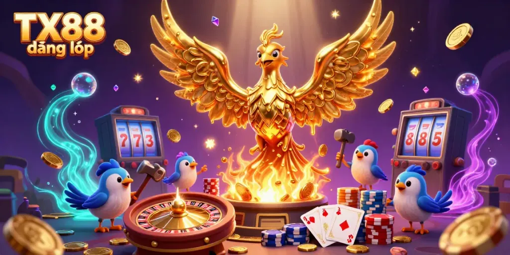 Experience the thrill of TX88 đăng nhập with a vibrant 3D casino scene filled with golden treasures.