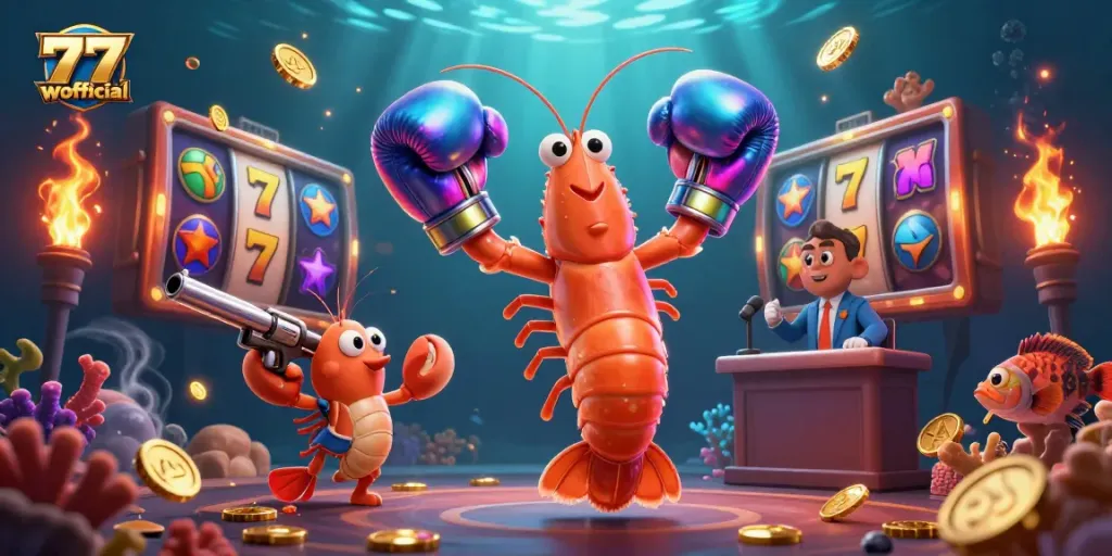 Experience thrilling gameplay at 77wofficial with vibrant slot reels and animated casino characters.