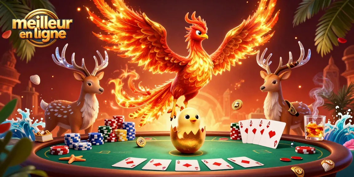 Jouez au meilleur casino en ligne avec des éléments de poker et un phénix dans une illustration dynamique.