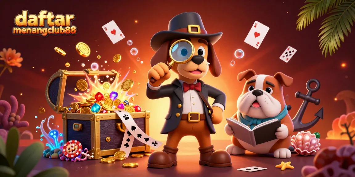 Engage in thrilling gameplay with daftar menangclub88 as the detective dog duo uncovers hidden treasures in this vibrant 3D casino scene.