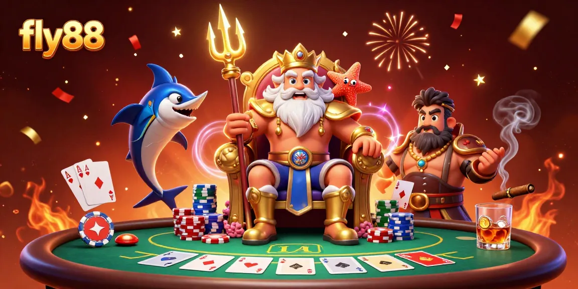 Experience winning at fly88 with a vibrant casino scene featuring Neptune and poker elements.