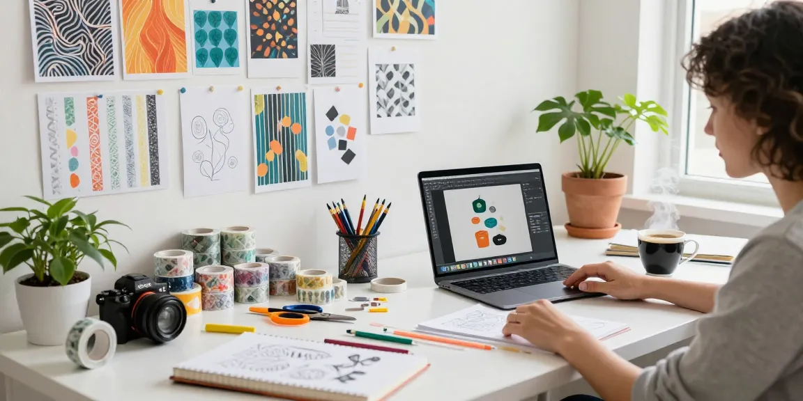 Custom washi tape artistically displayed in a vibrant studio workspace with crafting tools and design inspirations.