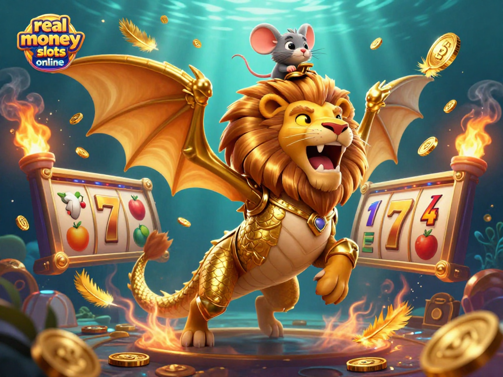 Experience real money slots online with a roaring chimera, gold coins, and dynamic slot game elements in this captivating 3D scene.