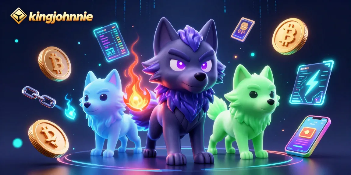 Engage with kingjohnnie's dynamic 3D casino illustration featuring spectral wolves, cryptocurrencies, and electrifying game elements.
