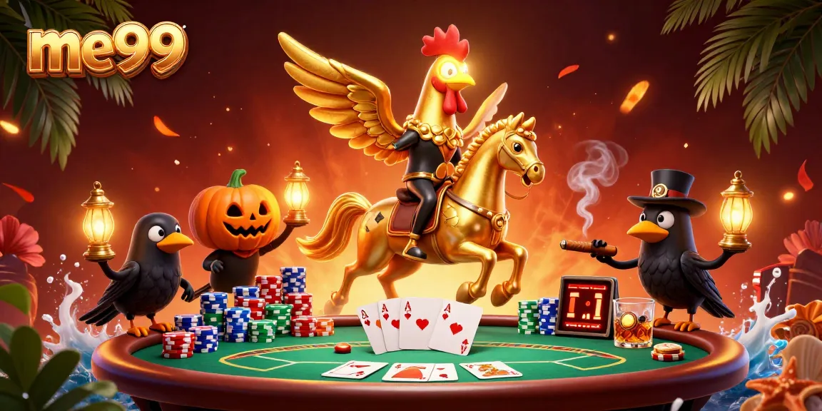 Experience me99 casino excitement with a golden rooster and spooky companions at the poker table.