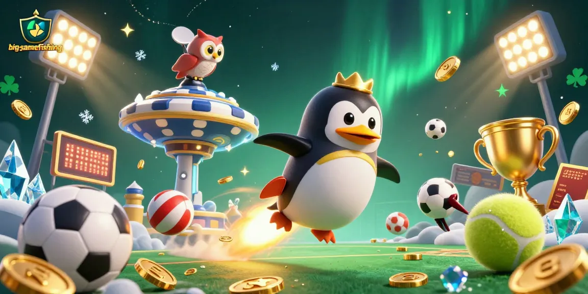 Experience big-gamefishing thrills with a golden penguin racing toward a majestic casino.
