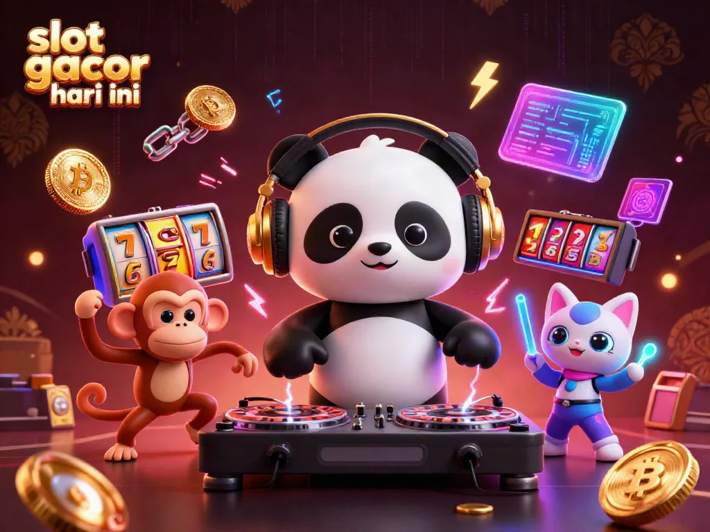 Engage with slot gacor hari ini through this vibrant 3D scene of casino fun, featuring DJ panda and dancing characters.