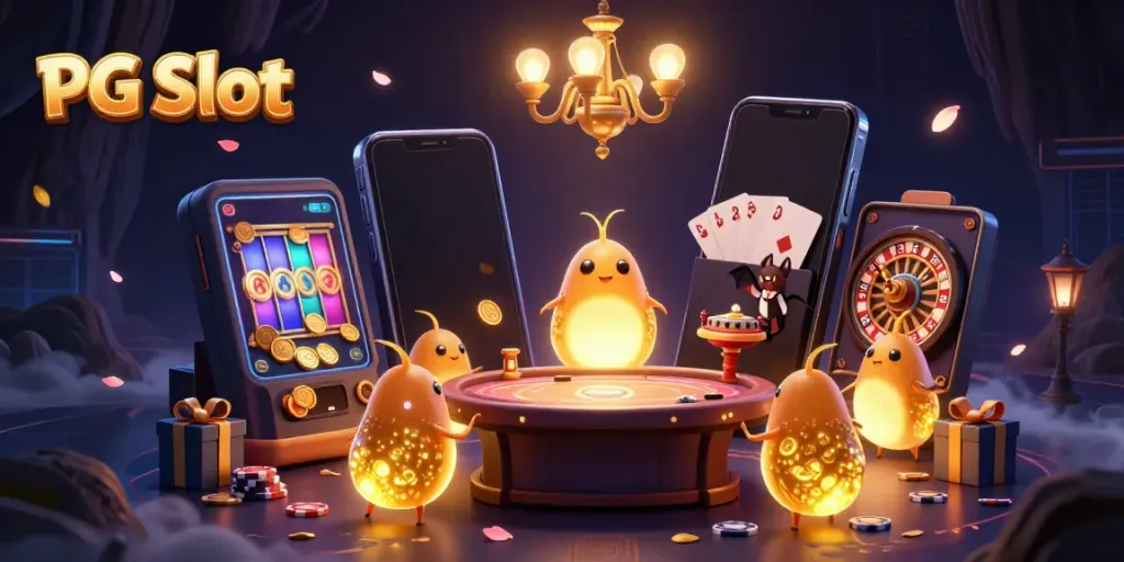 Mengaktifkan PG Slot dengan tim glowworm yang menerangi kasino gua, memutarkan gulungan dan koin emas.