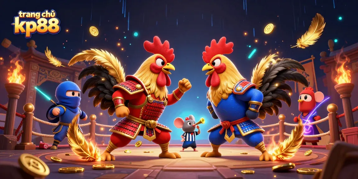 Engage with the thrilling showdown of twin roosters on trang chủ kp88, showcasing vibrant casino elements.
