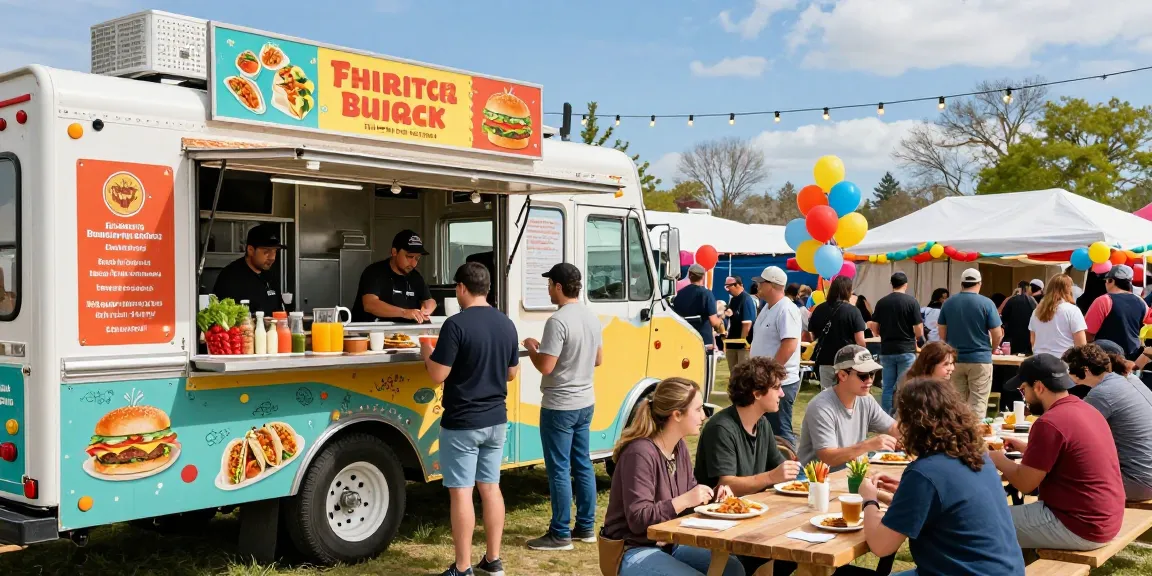 Exciting food truck scene with diverse entrepreneurs serving delicious dishes, highlighting food truck startup costs.