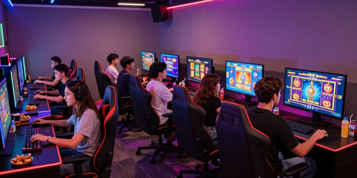 Exciting slot mpo gaming scene with diverse players enjoying vibrant graphics and engaging atmosphere in a modern lounge.
