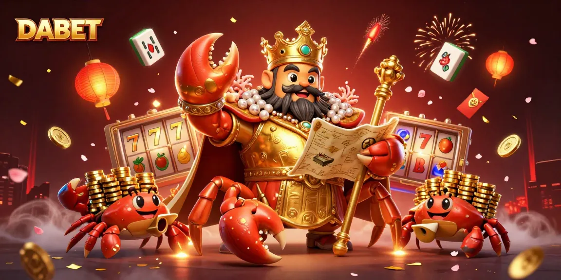 DABET offers an immersive casino experience with a golden crab emperor, slot symbols, and vibrant gaming elements.