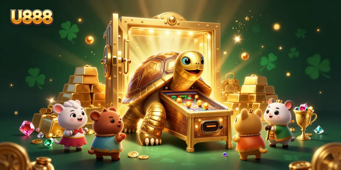 Experience the excitement of U888 with its vibrant 3D treasure-filled casino scene featuring a colossal golden tortoise.