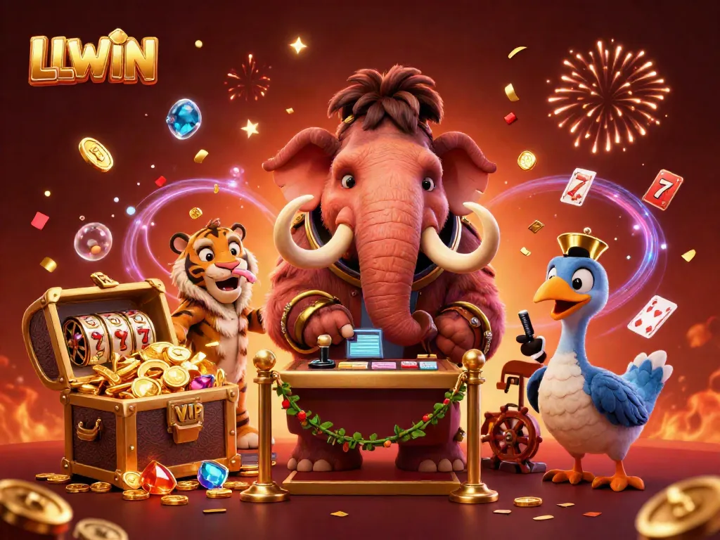Experience excitement at LLWIN with a vibrant 3D casino scene featuring memorable characters and gambling elements.