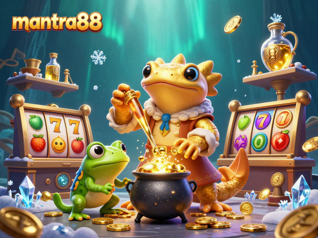 Experience mantra88's thrilling slot gaming with golden coins and vibrant symbols in this dynamic scene.