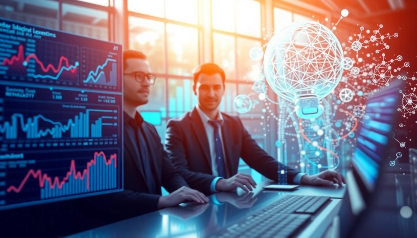 AI agents operating in a digital workspace with dynamic visual elements.