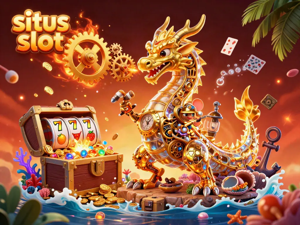 A 3D cartoon biomechanical golden dragon amidst a vibrant "situs slot" themed scene full of treasures.