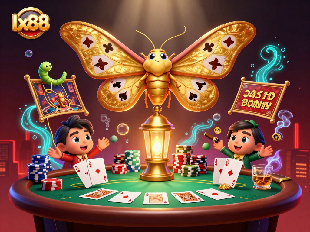 Win big with exciting lx88 gaming as a majestic moth and vibrant casino elements surround players.