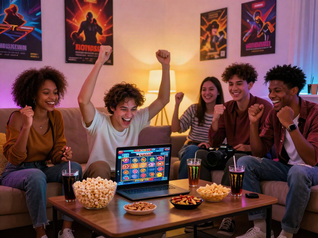 Friends celebrating a situs togel win while gathered around a laptop in a cozy living room.