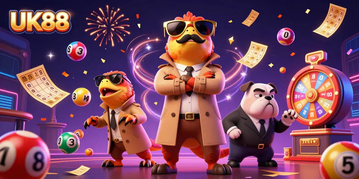 UK88 raptors disguised as a tall man enter a VIP casino, lively lottery elements surround them.
