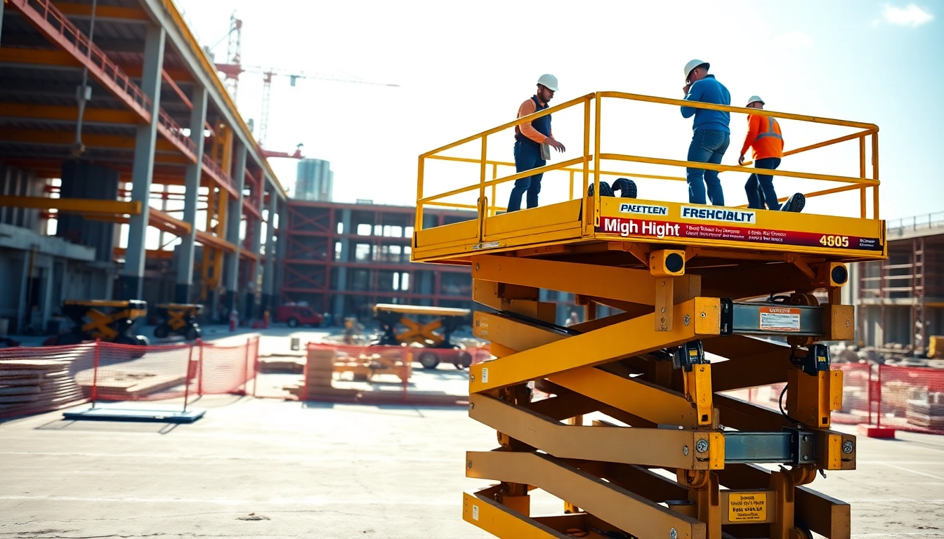 Scissor lift elevating workers at a construction site showcasing its operational versatility.