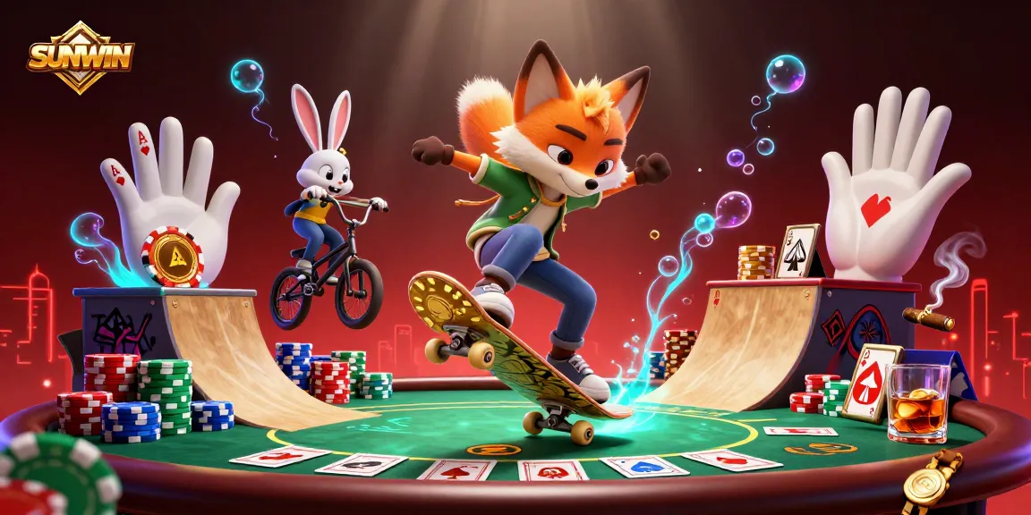SUNWIN showcases a dynamic casino scene featuring a skateboarder fox and BMX rabbit amidst poker chips and casino elements.