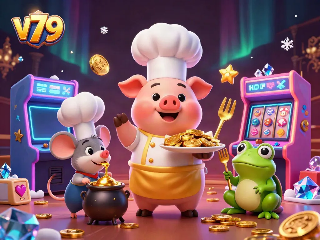 Experience thrilling casino excitement with v79 as a pig chef serves gold coins, surrounded by vibrant games.