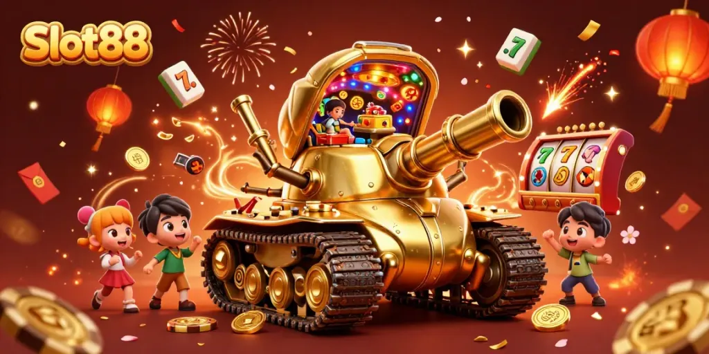 Slot88 menampilkan tank karakter kartun emas dengan mini kasino dan elemen permainan yang meriah.