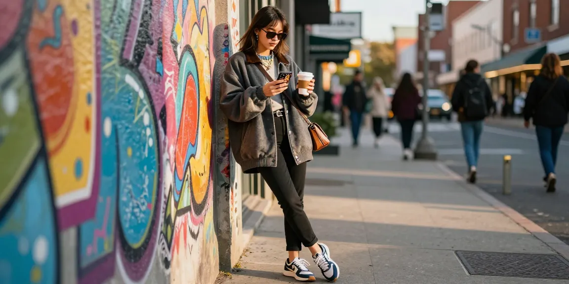 Model tampil dengan streetwear stylish luxury111 di area urban yang cerah.