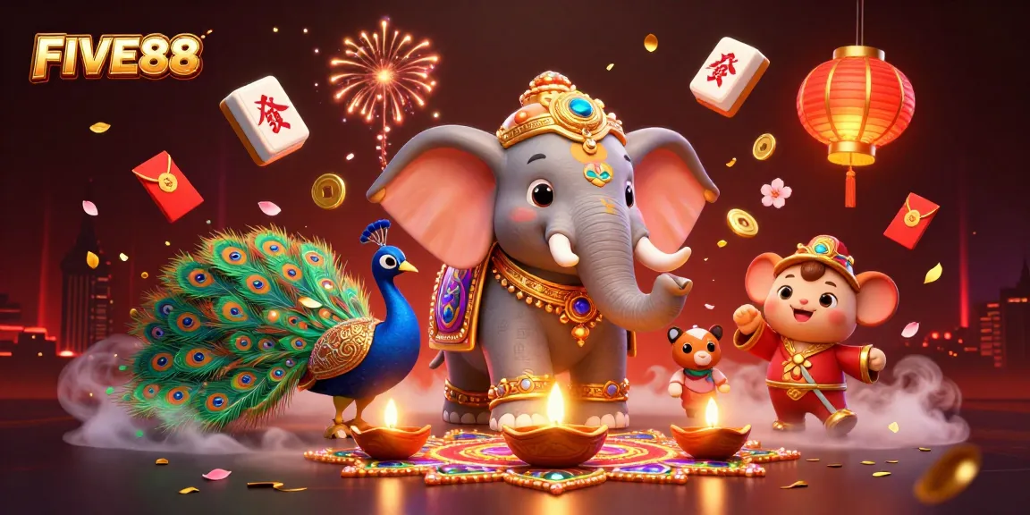 Experience the vibrant FIVE88 casino universe with a stunning illustration of festive elements and gambling excitement.
