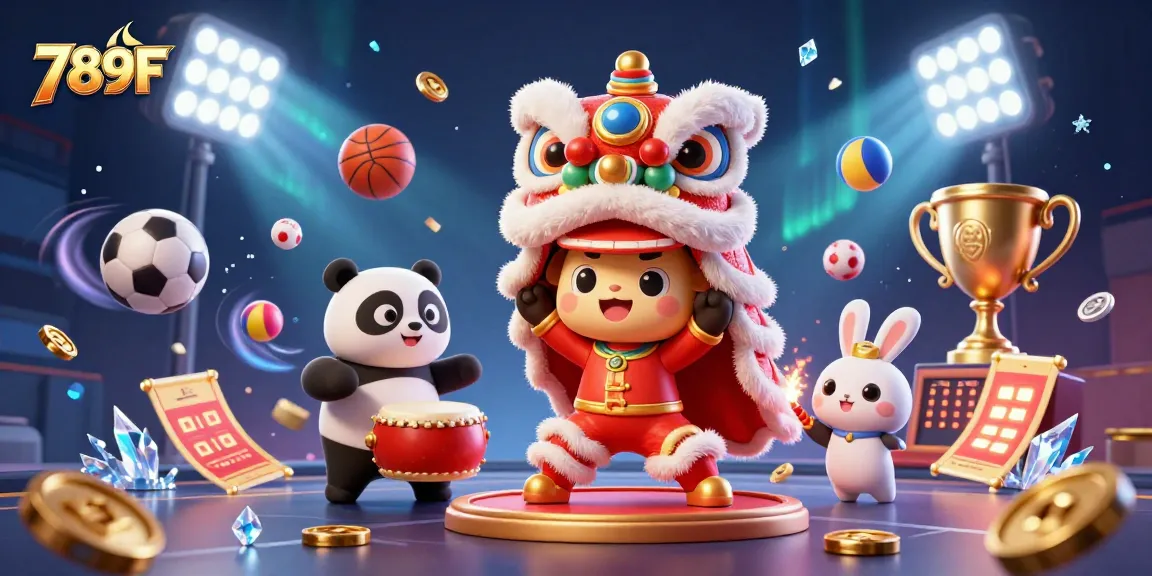 Engage with 789F's vibrant casino scene featuring dynamic sports elements and festive characters