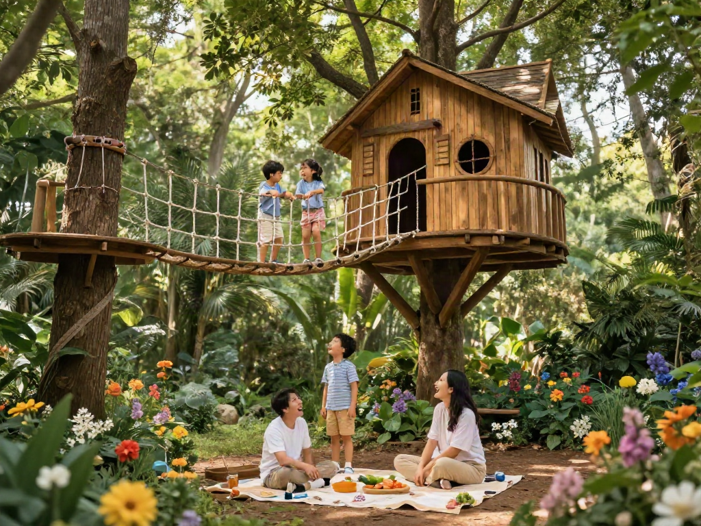 Family enjoying tree house life in a lush forest setting with laughter and adventure.