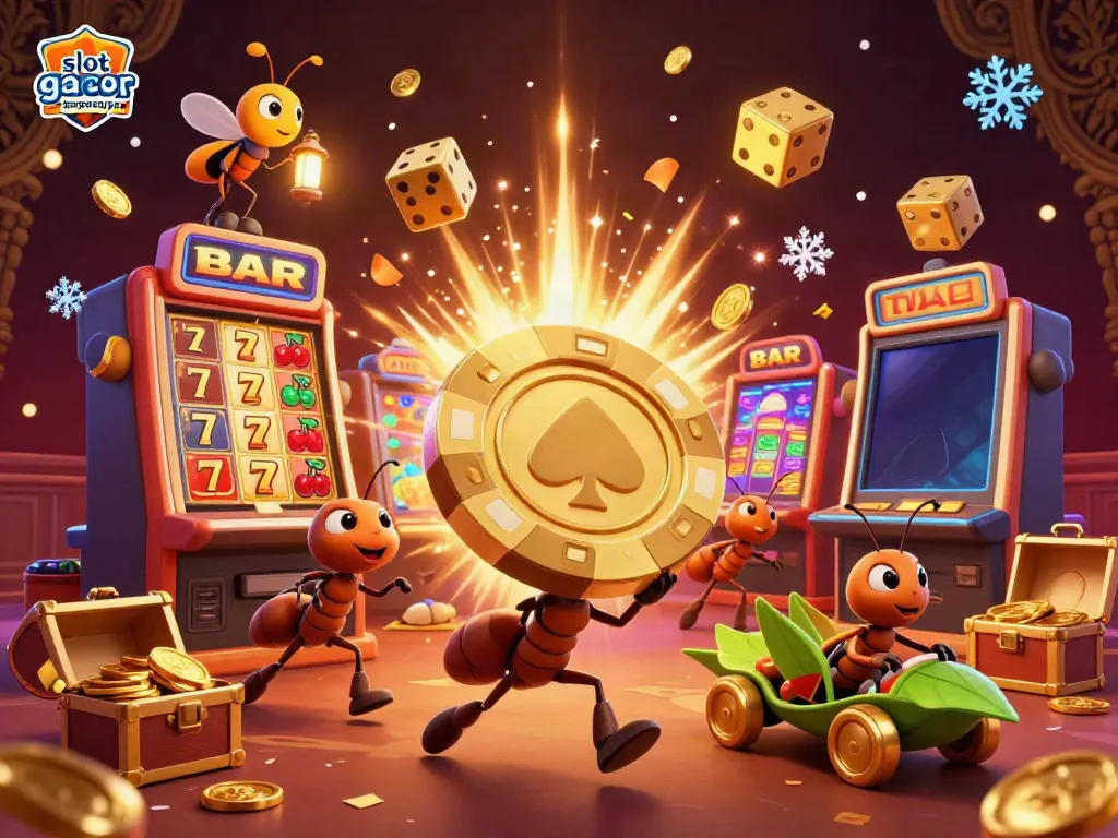 Gali kesenangan dalam permainan slot gacor terpercaya dengan chip poker raksasa dan simbol jackpot yang meriah.