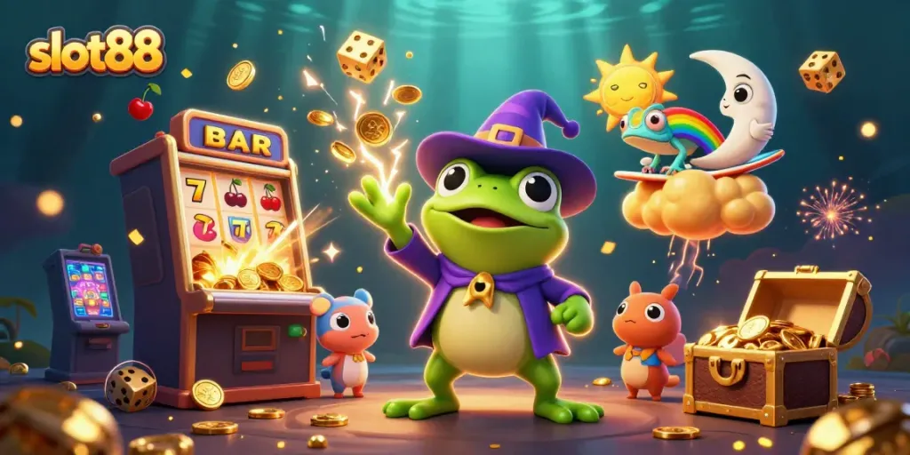 Experience the magic of slot88 as a frog wizard creates a shower of golden coins amidst vibrant casino elements.