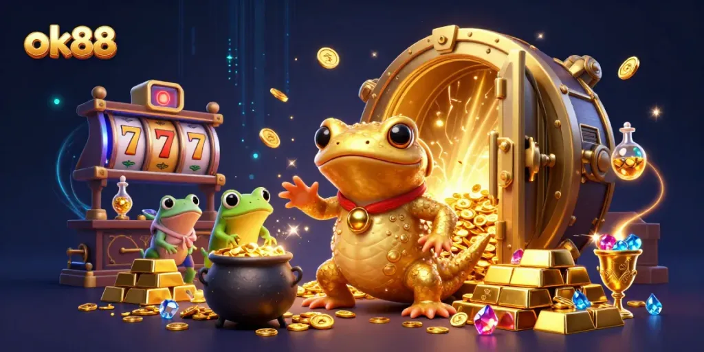 Experience the excitement of ok88 in a vibrant casino scene with gold coins and dynamic gaming elements.