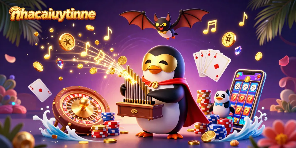 nhacaiuytinne showcases an exciting casino scene with a penguin playing an organ shooting golden coins and bat acrobats.