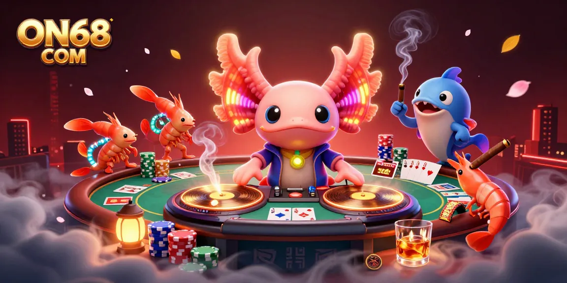 Action-packed casino scene with ON68 COM, featuring vibrant casino elements and characters.