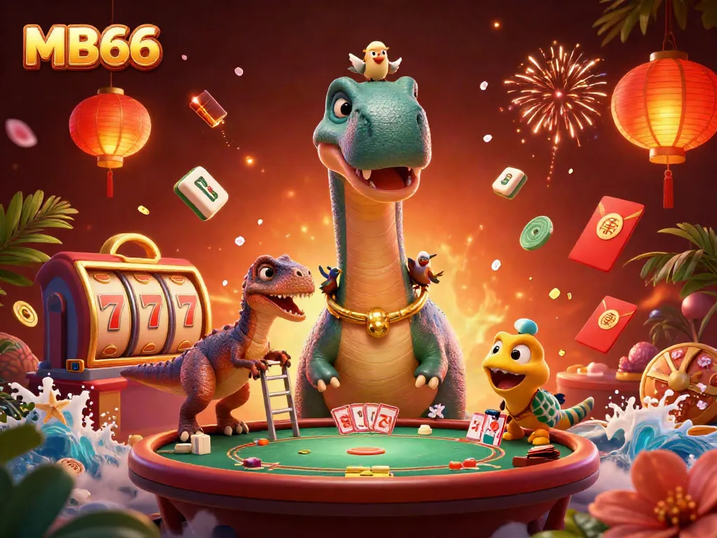 Experience the excitement of MB66 with a brontosaurus overlooking a lively card game.