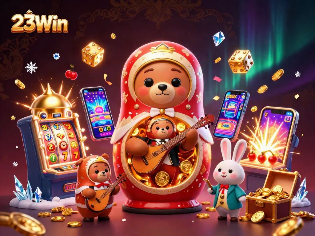 Experience the thrill with 23Win's vibrant casino illustration featuring Matryoshka bears and an exciting jackpot.