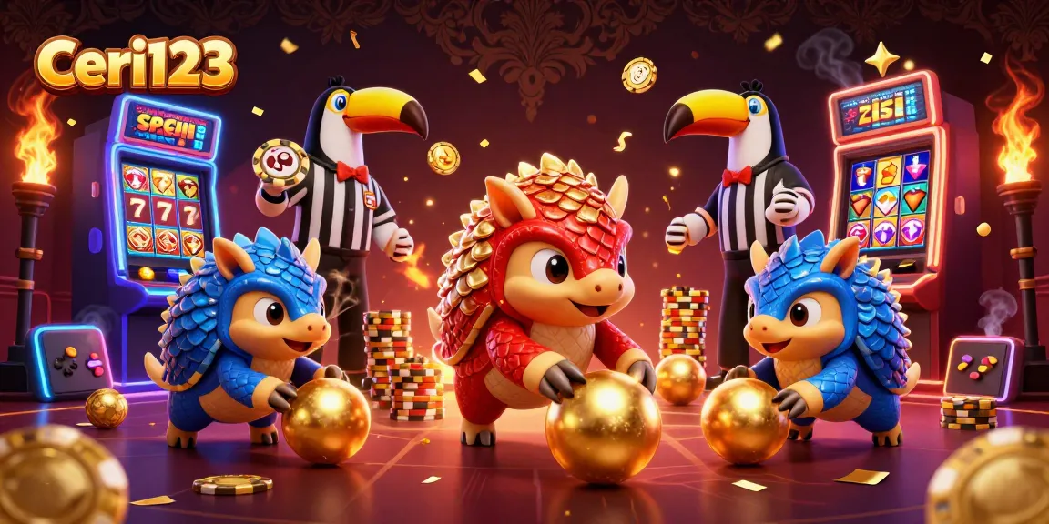 Ceri123 showcases rival pangolins rolling through casino chips, highlighting thrilling jackpot gameplay.