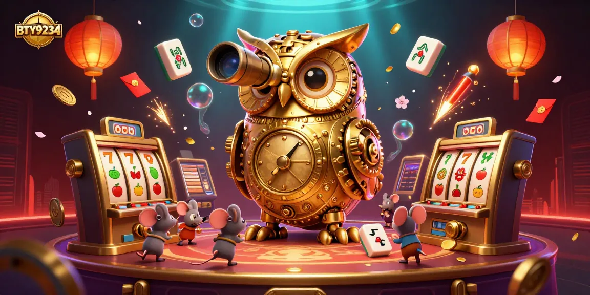BTY9234 showcases a vibrant casino scene with a clockwork owl and tiny patrons amidst exciting slot game elements