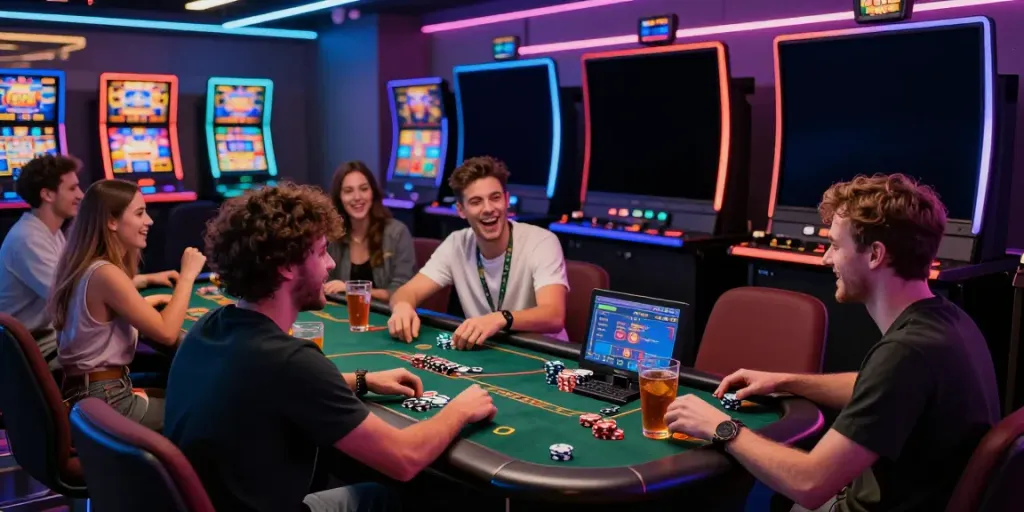 Friends enjoying slot online games at a vibrant casino atmosphere.