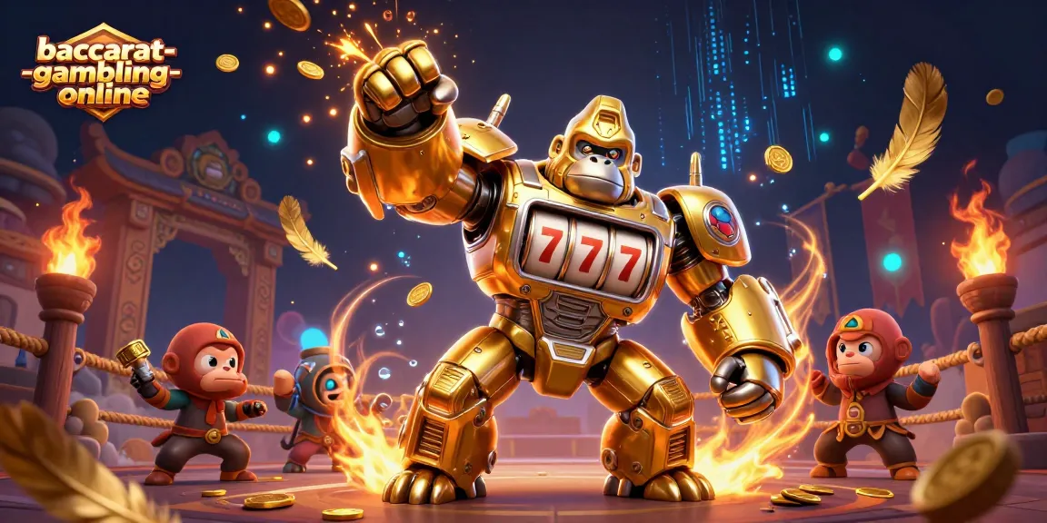 Baccarat-gambling-online illustration showcasing a golden gorilla mech with slot elements, dynamic action, and a vibrant casino atmosphere.
