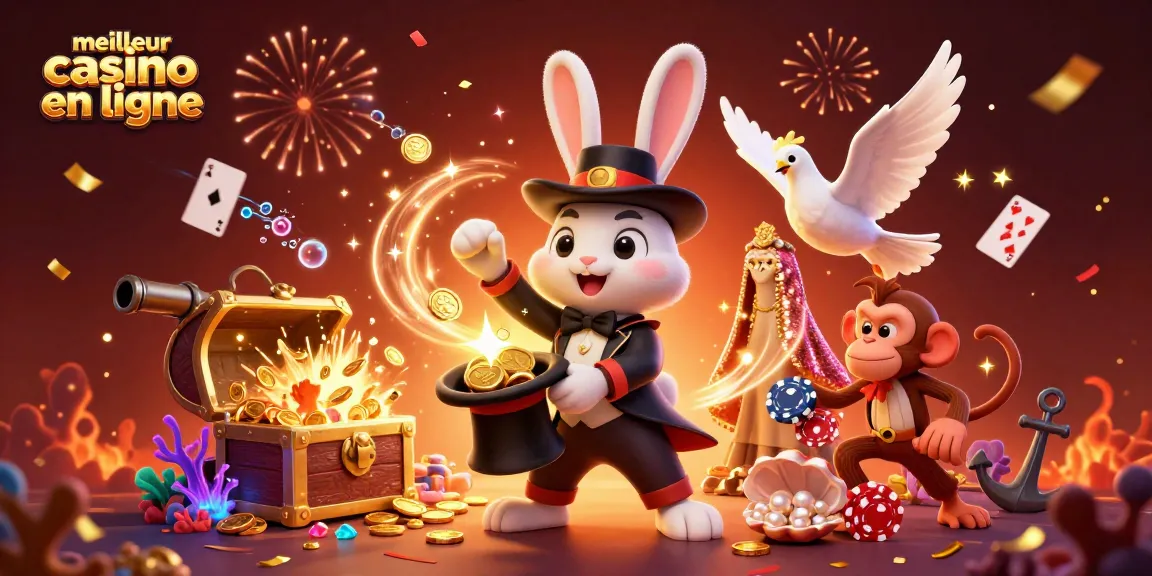 Jouez au meilleur casino en ligne avec des personnages colorés, des pièces d'or et des effets de magie envolés.