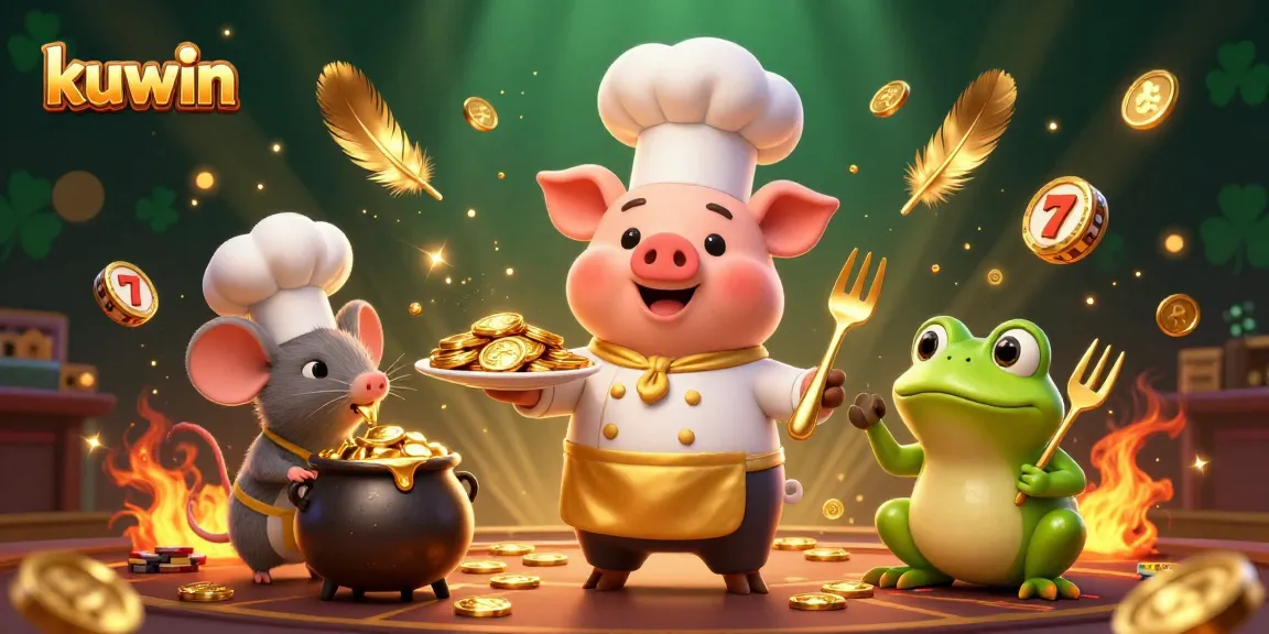 Engage with kuwin through a vibrant casino scene featuring a chef pig, sous-chef mouse, and critic frog amidst thrilling slot game elements.