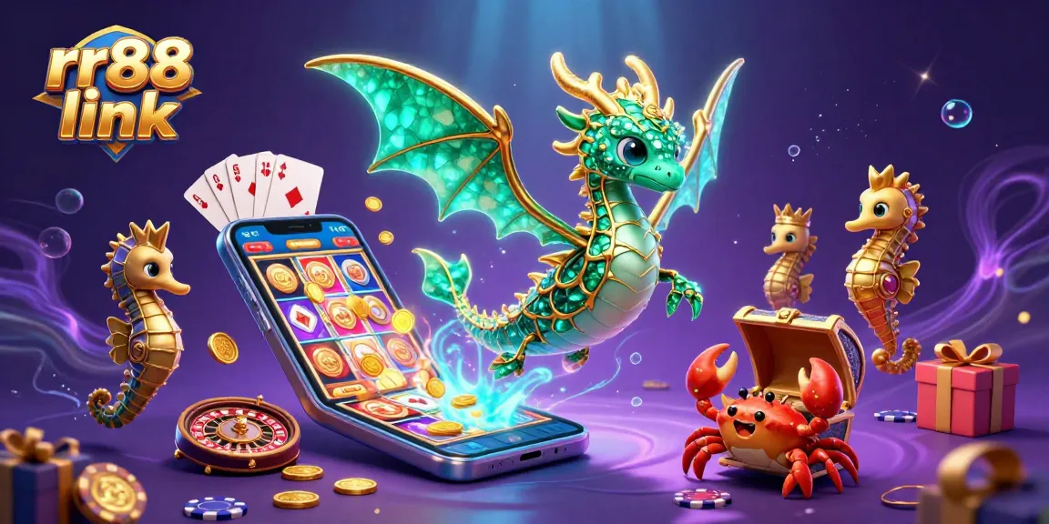 Experience the excitement of rr88 link with a vibrant 3D casino scene filled with spinning slots and treasures.