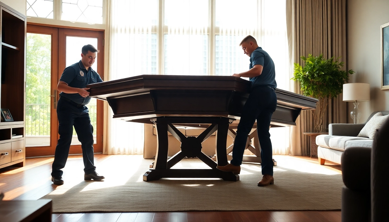 Expert game table movers services ensuring careful relocation of a stylish pool table in a cozy living room.