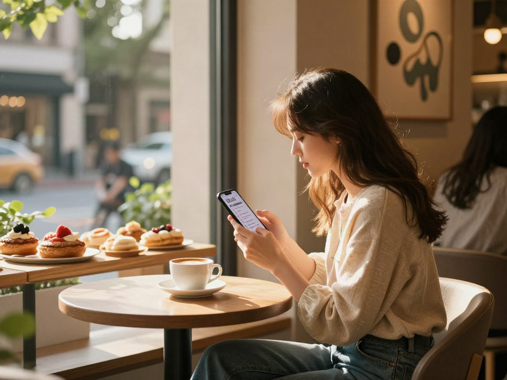 Young woman reviewing her attractiveness test results at a trendy cafe, capturing the essence of beauty and self-reflection.
